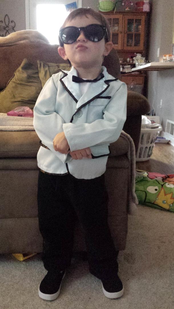 My yo son wanted to be Gangnam Style for Halloween so I made him this costume think it turned out well
