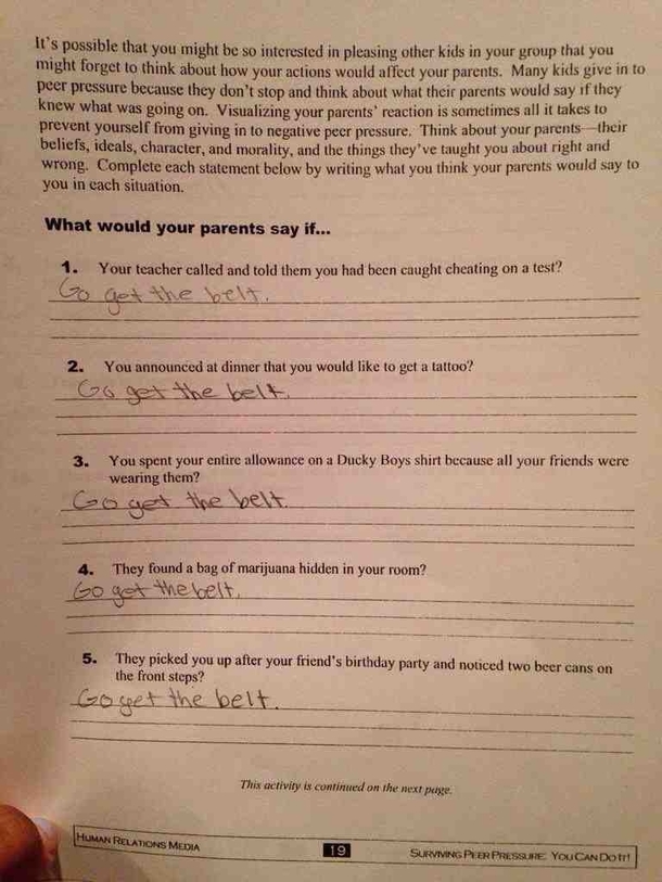 My younger brothers answers for his Health assignment