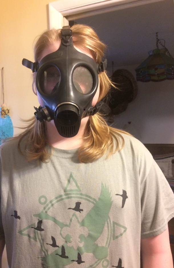 My younger cousin went to school today with this gas mask and when asked why he was bringing it with him he replied because love is in the air