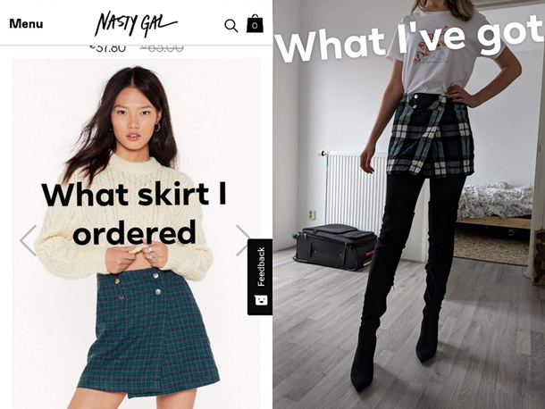 Nasty gal not only the t-shirt I ordered is sizes bigger but also they are claiming this is the same skirt Quality of the skirt is worse then if I ordered it from AliExpress