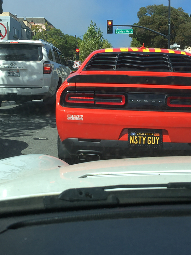 Nasty Guy is looking for trouble in San Francisco with this bumper sticker