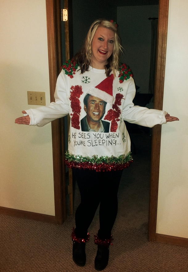 Needless to say I won the ugly Xmas sweater contest Saint Nic Cage - my masterpiece