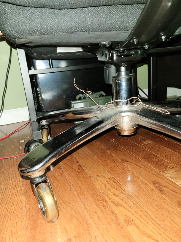 nerf claymore mine filled with plastic roaches rigged to pop tomorrow morning when my wife pulls out her computer chair