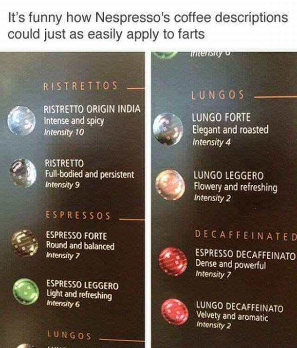 Nespresso coffee descriptions easily apply to farts