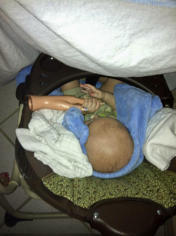 Never thought I would find a legitimate use for the fake practice hand I had from cosmetology school years ago until the day my infant son got sick and refused to sleep unless he was holding my finger