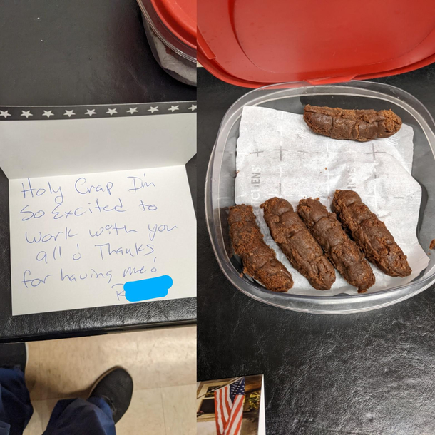 New employee starting today brought brownies in for everone with this note