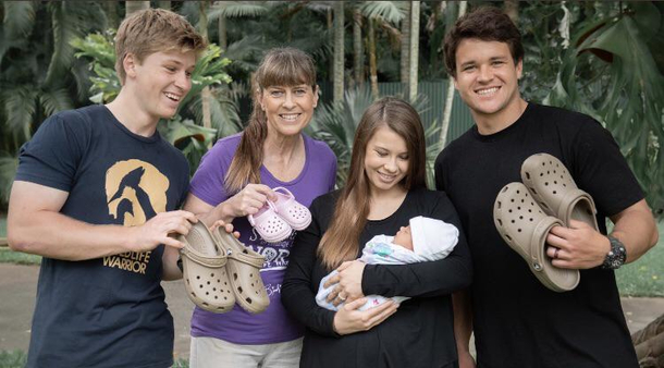 Newborn Grace Irwin Powells first croc encounter