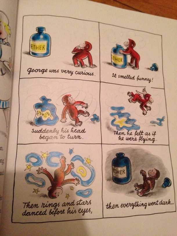 Not sure how I feel reading old curious George books to my two year old daughter
