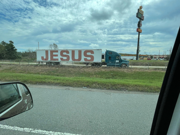 Not sure if this truck is surprised or just full of the Holy Spirit