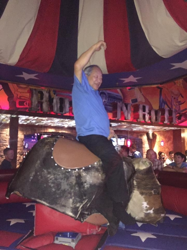 Not sure whats more impressive the fact that my father rode a mechanical bull on his th birthday yesterday or my mother figuring out how to forward me this picture through Gmail