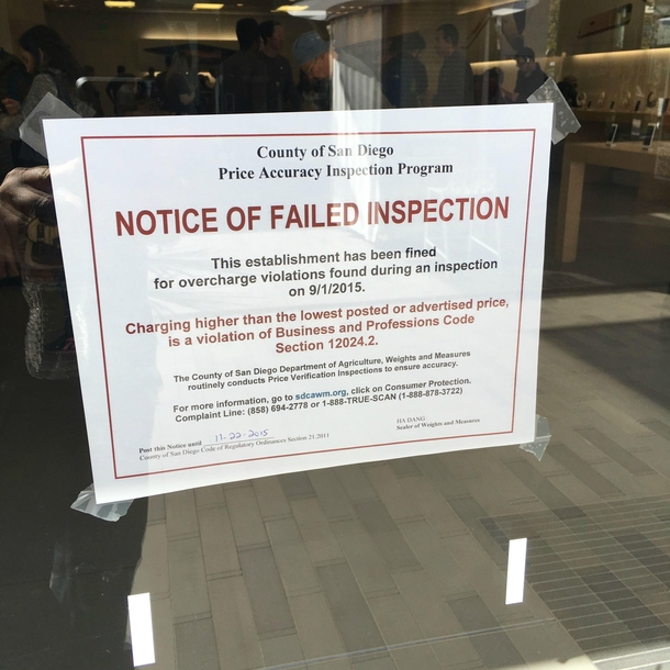 Notice of Failed Inspection Posted at Apple Store in San Diego