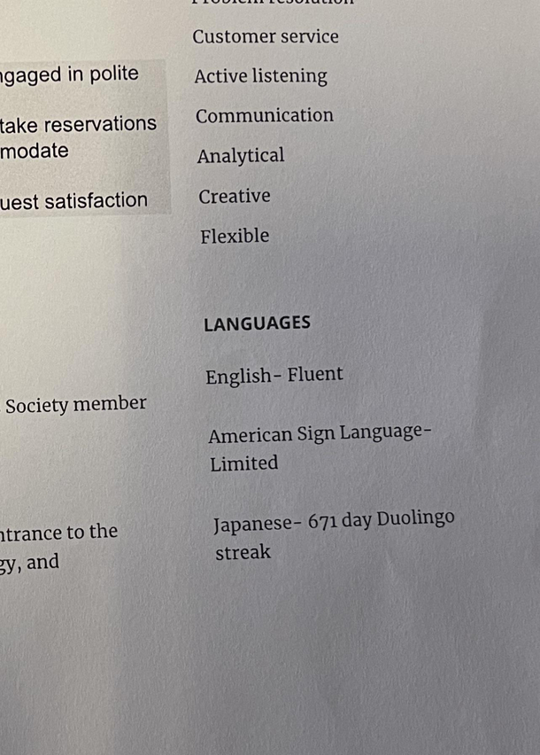 OC Someone sent a resume with their Duo Lingo streak under Languages