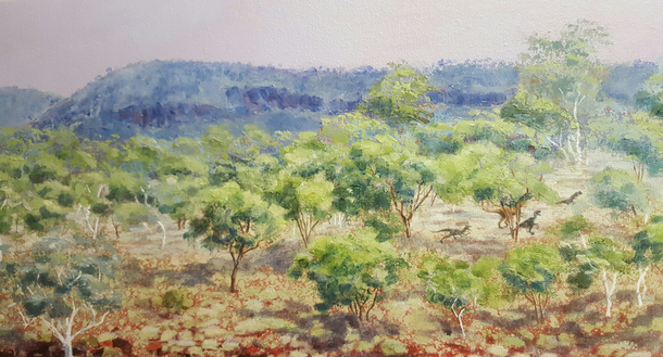 Of all my mother-in-laws landscapes i thought this one need some thing subtle added Something classy something moving something like a pack of veloceraptors