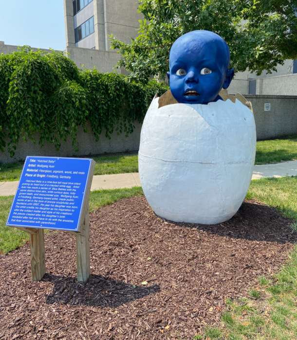 Officially named Hatched Baby Nine feet tall with a full set of teeth dark blue skin emerging from a big cracked egg The sculpture expressed artist Wolfgang Auers anxieties with parenthood Destroyed by vandals Sep  