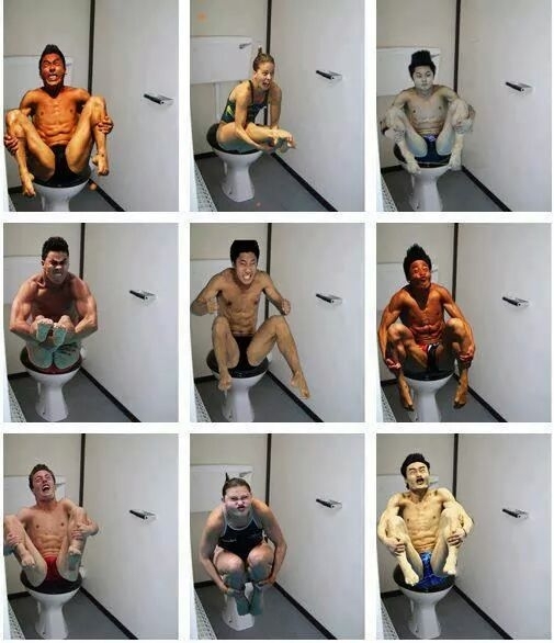 Olympic divers photoshopped onto a toilet