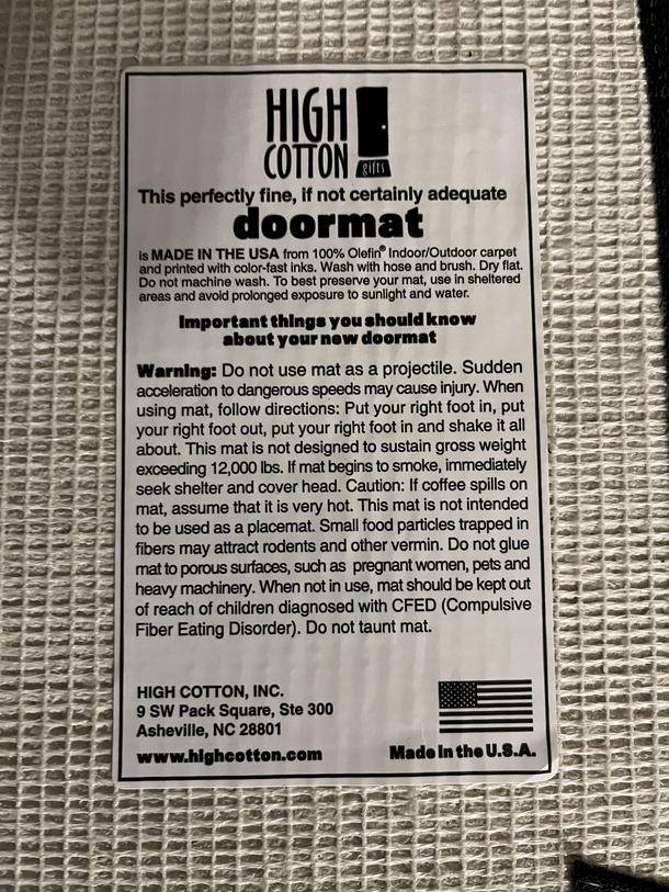 On the back of a floor mat I got for Christmas