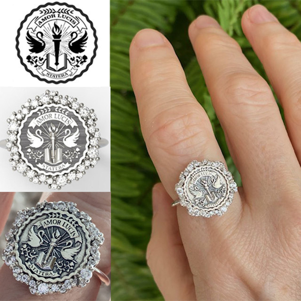 On the left first photo is the custom graphic crest she send me second one is the d design of it and the last one is the actual ring result She said it far exceeded her expectations 