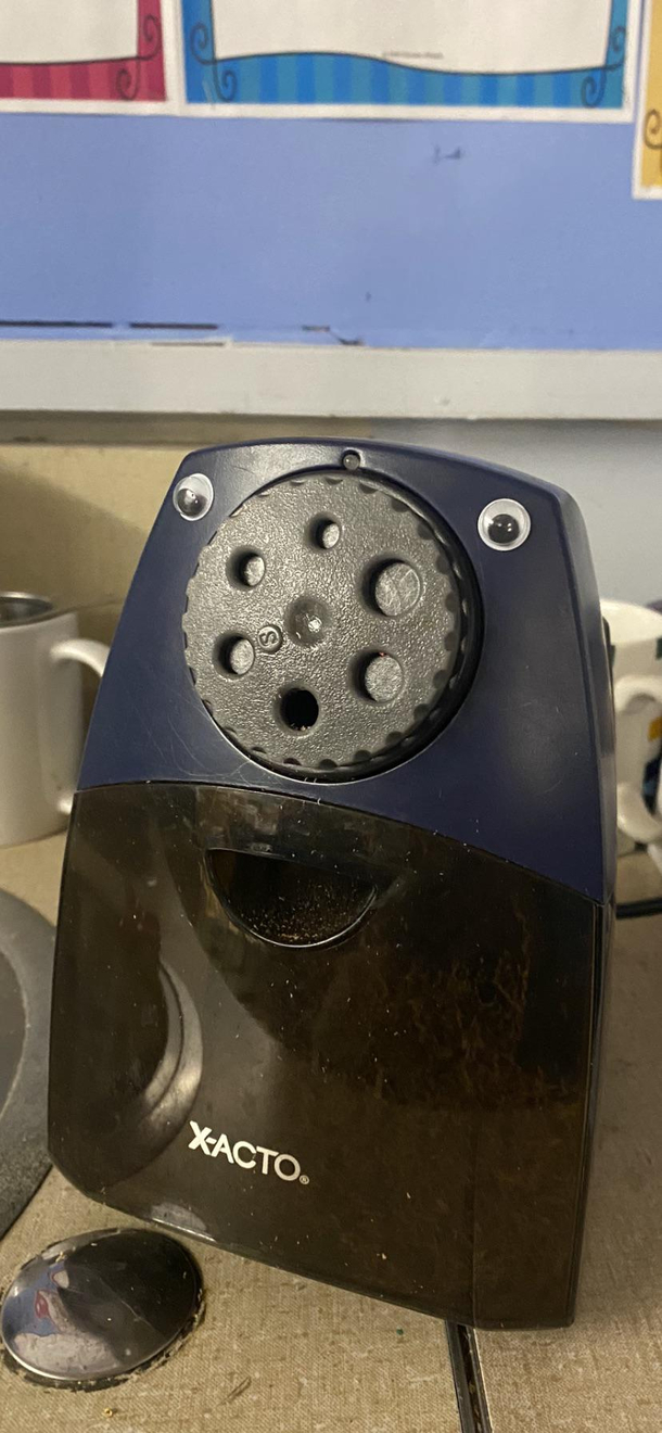 One of my students put googly eyes all over my classroom The pencil sharpener approves