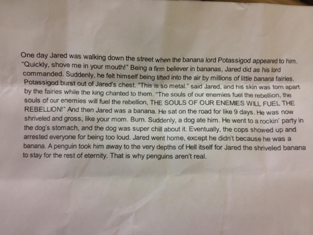 One of my th grade students handed me this short story he wrote His mind works in mysterious ways