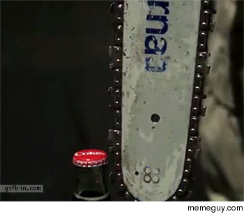 Opening a bottle with a chainsaw