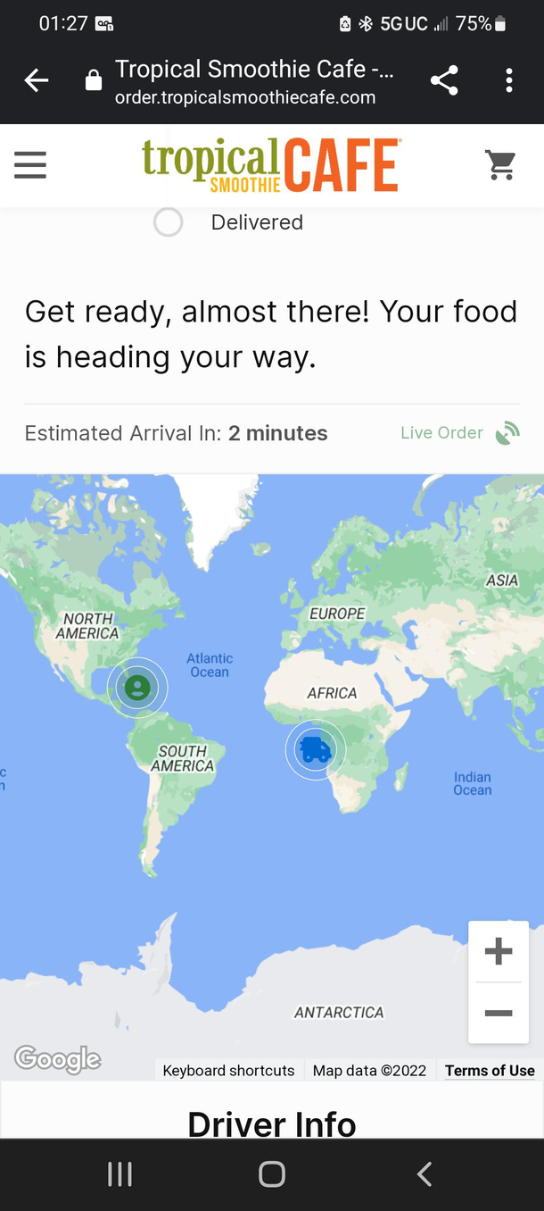 Ordered a smoothie last night and apparently my driver was coming from Africa