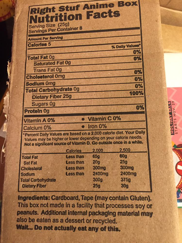 Our box of anime came with nutrition facts Read the ingredients