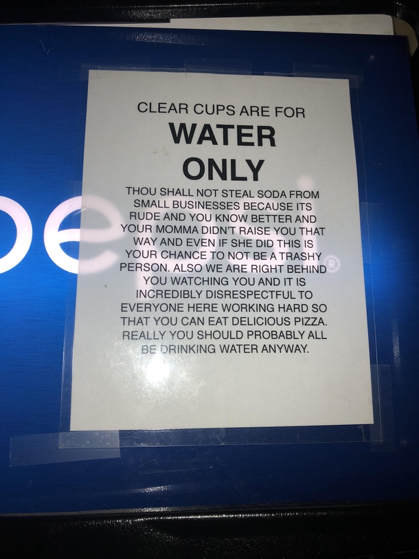 Our local watering hole and pizza joint putting trashy people in their place