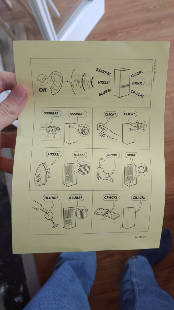 Our new freezer came with a handy guide to all the many different sounds it can make