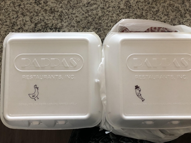 Our server at Pappadauxs labeled our to-go boxes for us