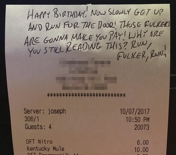 Our server dropped the dime on our plans to prank the birthday boy