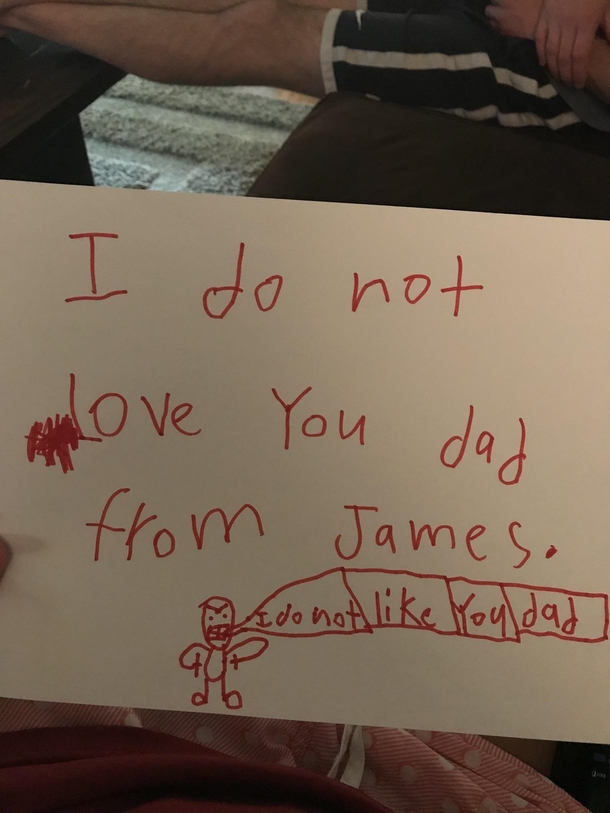 Our  year old has chosen an excellent way of expressing his feelings in an impactful way I think we have a future author on our hands
