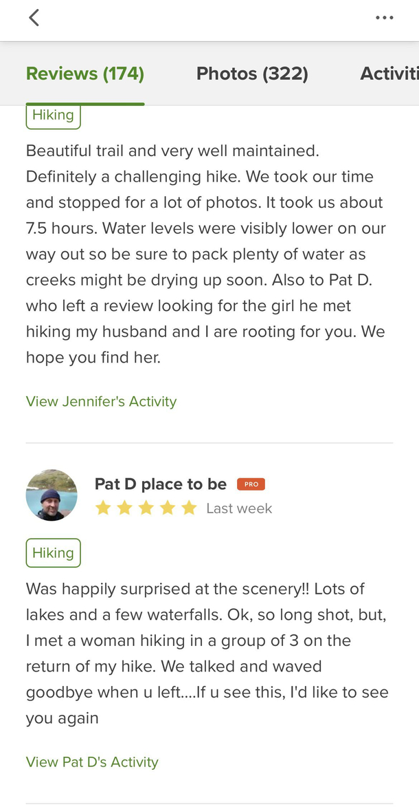 Pat D looking for love on All Trails App