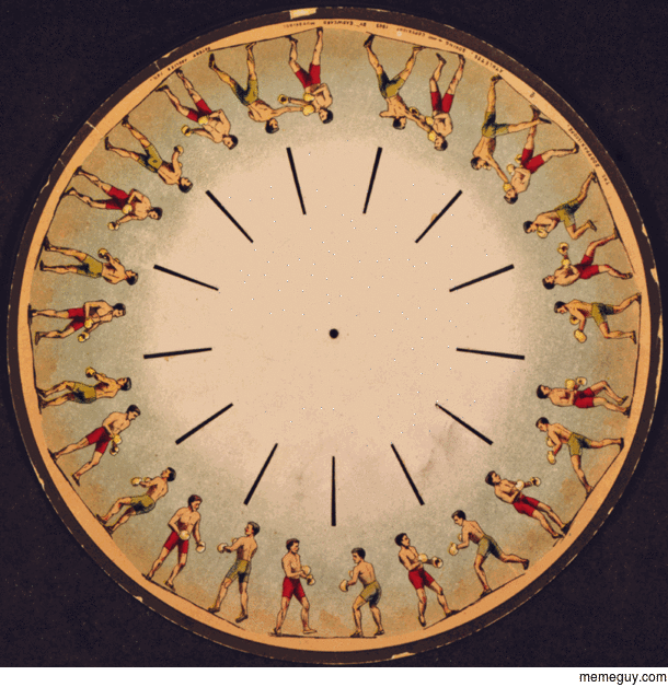 Phenakistoscope a wheel that when spun creates an animation This is one that shows two boxers fighting