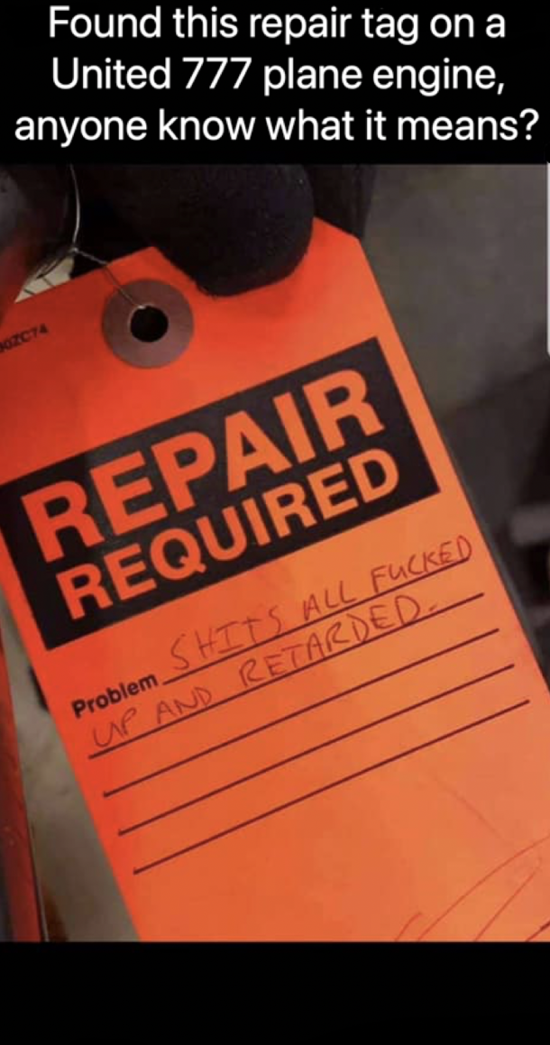 Photo of repair tag on the United  engine that failed