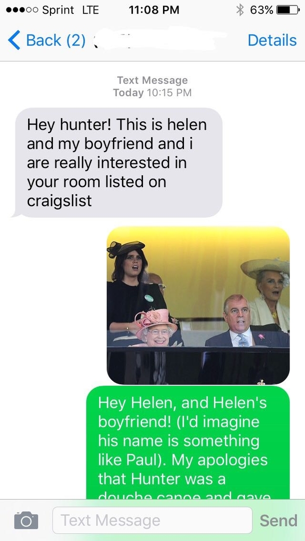 Pic #1 - Hunter message Helen back Shes interested in the room