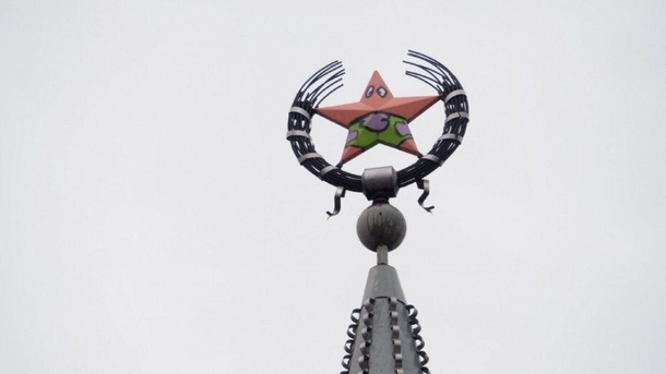 Pic #1 - So someone painted Patrick from Sponge Bob over the old Soviet star on top of a building in Voronezh Russia overnight The police is investigating this act of vandalism
