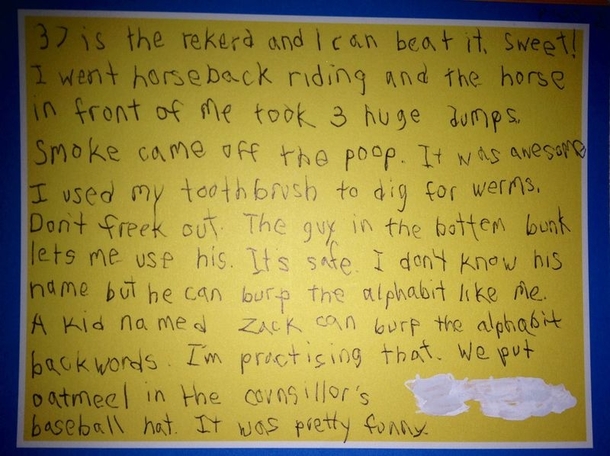 Pic #2 - A letter to a kids mom from summer camp Tell my brothers to have lots of farts for Saturday