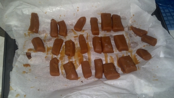 Pic #3 - First attempt at candy making Tried caramels Not perfect but not exactly a disaster either