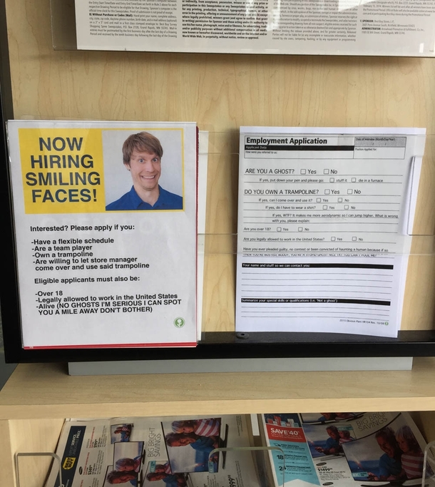Pic #3 - I added this fake hiring sign and application to my local electronics store