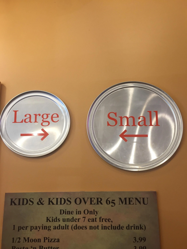 Plates used to show pizza sizes in an Italian restaurant