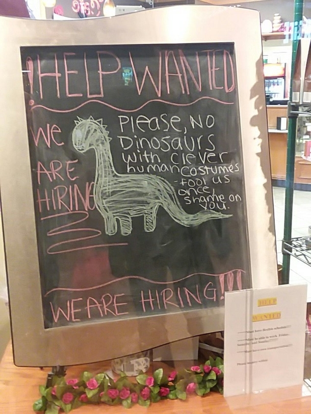 Please no dinosaurs with clever human costumes