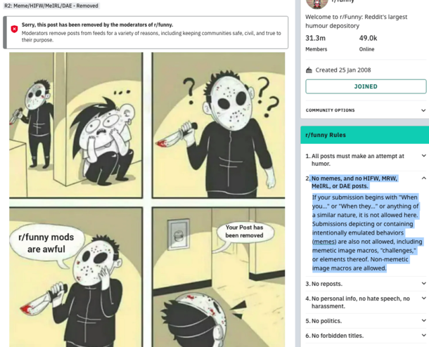 Post criticising rfunny moderators for removing posts removed Cite rule chosen seemingly at random