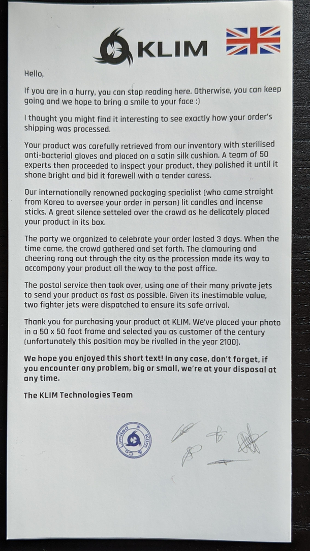 Purchased a KLIM gaming keyboard recently This was the note they sent with the keyboard