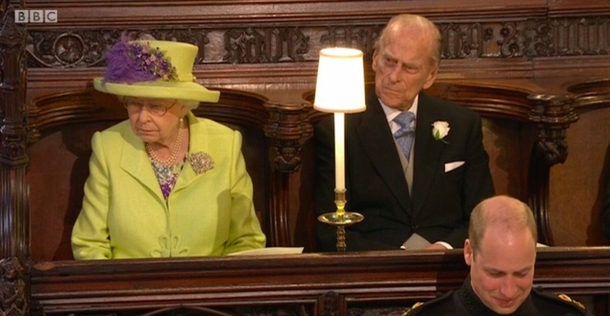 Queen Elizabeth Prince Phillip and Prince William reacting to Bishop Curry at Royal Wedding