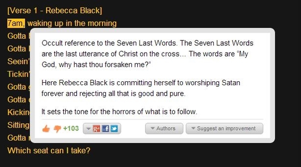 Rapgenius analysis for Friday by Rebecca Black is hilarious