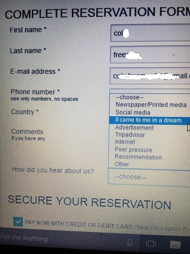 Rather amusing option for How did you hear about us on a Nigerian hotel booking form