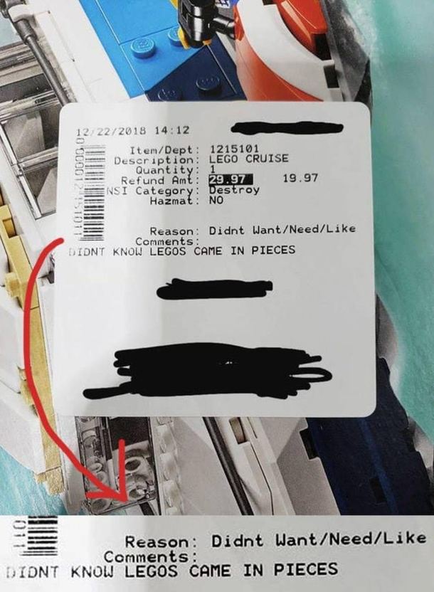 Return note on box of LEGO