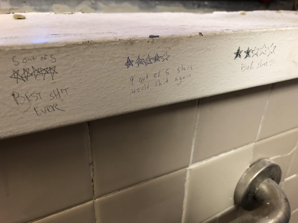 Reviews found in a college bathroom