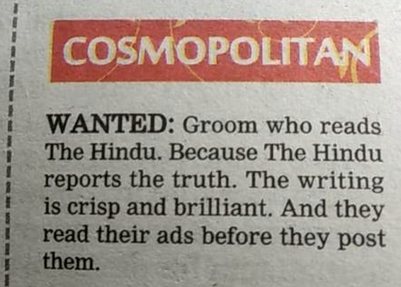 Rival newspaper sneaked in this ad in the Matrimonial section