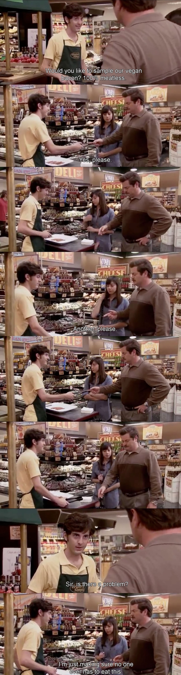 Ron Swanson tries vegan bacon